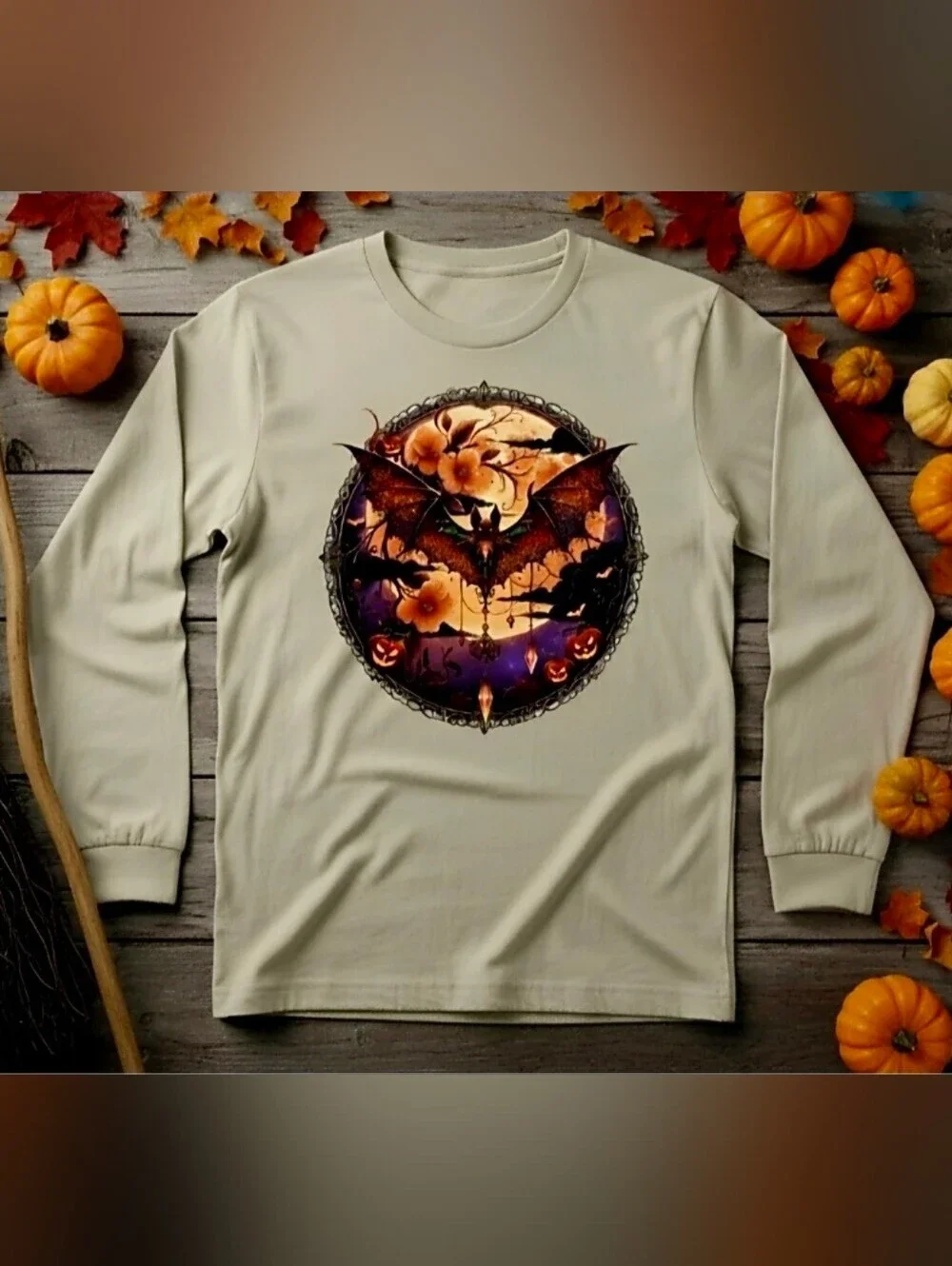 Gothic Bat Moon Floral Halloween Long Sleeve Tee | Witchy Fall Shirt